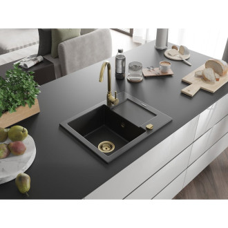 Mexen Enzo 1miskový granit dřez s odkapem 576x465, černý, zlatý sifon 6506571005-77-G
