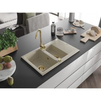 Mexen Gaspar 1,5 granit dřez s odkapem 737x475, béžový, zlatý sifon 6507731505-69-G