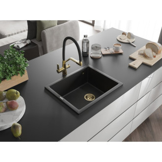 Mexen Pedro 1-miskový granitový dřez 560 x 460 mm, černý, zlatý sifon - 6508561000-77-G