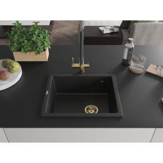 Mexen Pedro 1-miskový granitový dřez 560 x 460 mm, černý, zlatý sifon - 6508561000-77-G