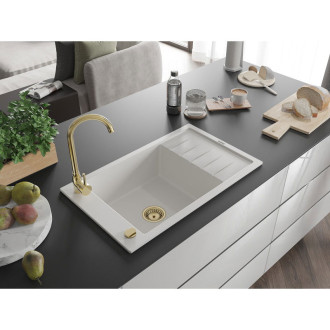 Mexen Elias 1miskový granit dřez s odkapem 795x480, bílý, zlatý sifon 6511791005-20-G