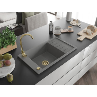Mexen Elias 1miskový granit dřez s odkapem 795x480, šedý, zlatý sifon 6511791005-71-G