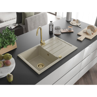 Mexen Bruno 1miskový granit dřez s odkapem 795x495, béžový, zlatý sifon 6513791010-69-G