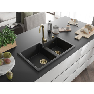 Mexen Tomas 2miskový granitový dřez 800 x 500 mm, černý, zlatý sifon - 6516802000-77-G