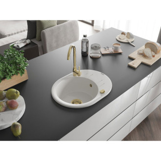 Mexen Kevin 1-miskový granit dřez s odkapem 586x458, bílý, zlatý sifon 6517581005-20-G