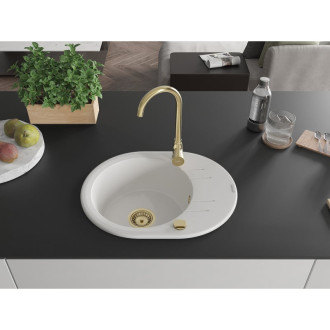 Mexen Kevin 1-miskový granit dřez s odkapem 586x458, bílý, zlatý sifon 6517581005-20-G