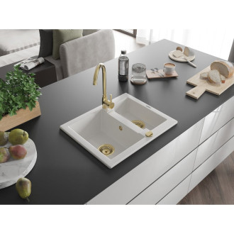 Mexen Carlos 1,5miskový granitový dřez 582 x 475 mm, bílý, zlatý sifon - 6518581500-20-G