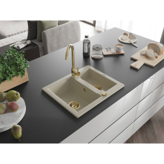 Mexen Carlos 1,5miskový granitový dřez 582 x 475 mm, béžový, zlatý sifon - 6518581500-69-G