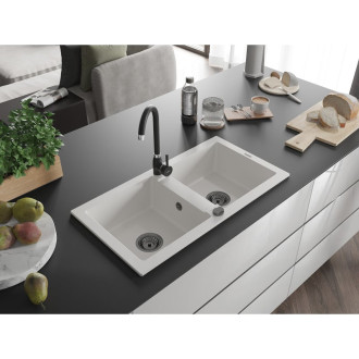 Mexen Mario 2miskový granitový dřez 820 x 436 mm, bílý, černý sifon - 6504822000-20-B