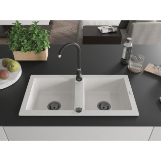Mexen Mario 2miskový granitový dřez 820 x 436 mm, bílý, černý sifon - 6504822000-20-B