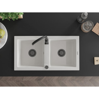 Mexen Mario 2miskový granitový dřez 820 x 436 mm, bílý, černý sifon - 6504822000-20-B