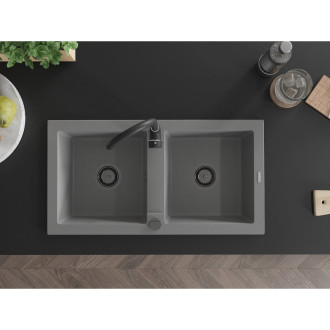 Mexen Mario 2miskový granitový dřez 820 x 436 mm, šedý, černý sifon - 6504822000-71-B