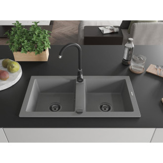 Mexen Mario 2miskový granitový dřez 820 x 436 mm, šedý, černý sifon - 6504822000-71-B