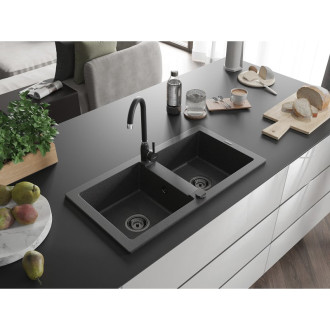 Mexen Mario 2miskový granitový dřez 820 x 436 mm, melír černý, černý sifon 6504822000-76-B