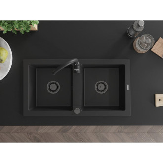 Mexen Mario 2miskový granitový dřez 820 x 436 mm, černý, černý sifon - 6504822000-77-B