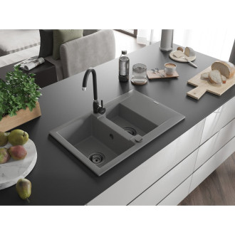 Mexen Gaspar 1,5 granit dřez s odkapem 737x475, šedý, černý sifon 6507731505-71-B