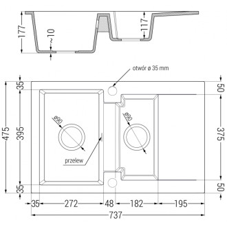 Mexen Gaspar 1,5 granit dřez s odkapem 737x475 černá/stříbrná metalíza, 6507731505-73-B