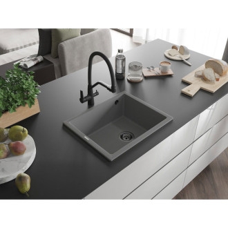 Mexen Pedro 1miskový granitový dřez 560 x 460 mm, šedý, černý sifon - 6508561000-71-B