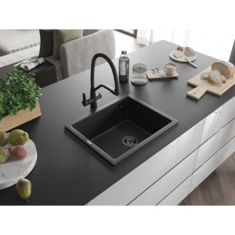 Mexen Pedro jednodřez granit 560x460, černá/stříbrná metalíza, černý sifon 6508561000-73-B