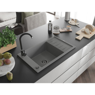 Mexen Elias 1miskový granit dřez s odkapem 795x480, šedý, černý sifon 6511791005-71-B