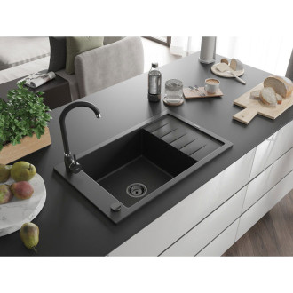 Mexen Elias 1miskový granit dřez s odkapem 795x480, černý, černý sifon 6511791005-77-B