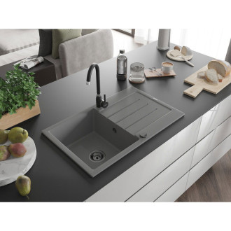 Mexen Bruno 1miskový granit dřez s odkapem 795x495, šedý, černý sifon 6513791010-71-B