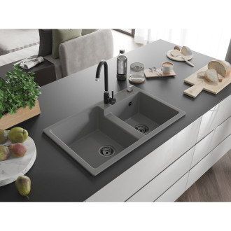 Mexen Tomas 2miskový granitový dřez 800 x 500 mm, šedý, černý sifon - 6516802000-71-B