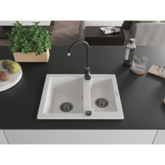 Mexen Carlos 1,5miskový granitový dřez 582 x 475 mm, bílý, černý sifon - 6518581500-20-B