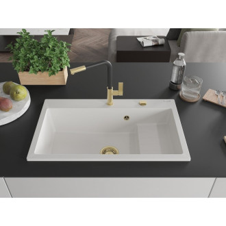 Mexen Omar 1miskový granitový dřez 800 x 480 mm, bílý, zlatý sifon - 6520801005-20-G
