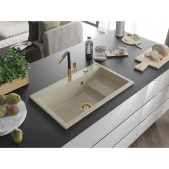 Mexen Omar 1miskový granitový dřez 800 x 480 mm, béžový, zlatý sifon - 6520801005-69-G