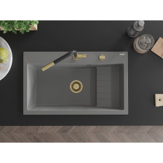 Mexen Omar 1miskový granitový dřez 800 x 480 mm, šedý, zlatý sifon - 6520801005-71-G