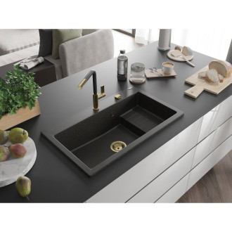 Mexen Omar 1miskový granit dřez 800x480, černá/zlatá metalíza, zlatý sifon 6520801005-75-G
