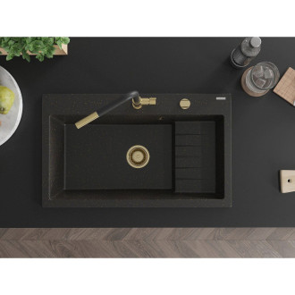 Mexen Omar 1miskový granit dřez 800x480, černá/zlatá metalíza, zlatý sifon 6520801005-75-G