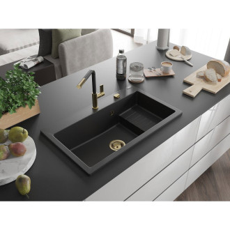 Mexen Omar 1miskový granitový dřez 800 x 480 mm, černý, zlatý sifon - 6520801005-77-G
