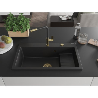 Mexen Omar 1miskový granitový dřez 800 x 480 mm, černý, zlatý sifon - 6520801005-77-G