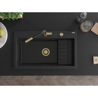 Mexen Omar 1miskový granitový dřez 800 x 480 mm, černý, zlatý sifon - 6520801005-77-G