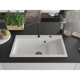 Mexen Omar 1miskový granitový dřez 800 x 480 mm, bílý, černý sifon - 6520801005-20-B