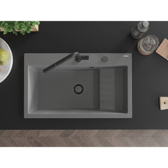 Mexen Omar 1miskový granitový dřez 800 x 480 mm, šedý, černý sifon - 6520801005-71-B