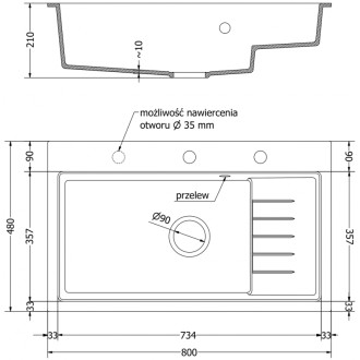 Mexen Omar 1miskový granitový dřez 800 x 480 mm, šedý, černý sifon - 6520801005-71-B