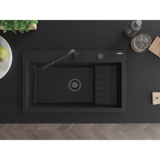 Mexen Omar 1miskový granitový dřez 800 x 480 mm, černý, černý sifon - 6520801005-77-B