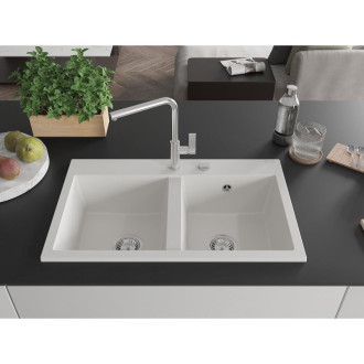 Mexen Hektor 2miskový granitový dřez 800 x 480 mm, bílý, chromový sifon - 6521802000-20