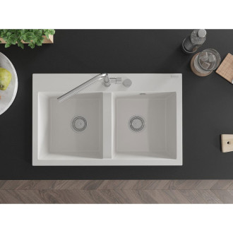 Mexen Hektor 2miskový granitový dřez 800 x 480 mm, bílý, chromový sifon - 6521802000-20