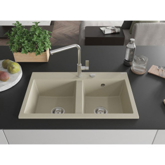 Mexen Hektor 2miskový granitový dřez 800 x 480 mm, béžový, chromový sifon - 6521802000-69