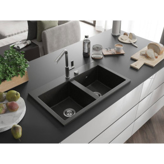 Mexen Hektor Dvojdřez, granit 800x480, černá/zlatá metalíza, chromový sifon 6521802000-75