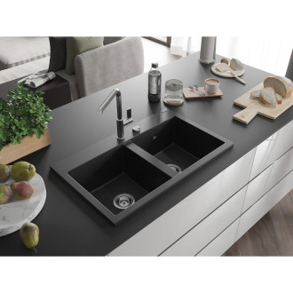 Mexen Hektor 2miskový granitový dřez 800 x 480 mm, černý, chromový sifon - 6521802000-77
