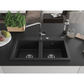 Mexen Hektor 2miskový granitový dřez 800 x 480 mm, černý, chromový sifon - 6521802000-77