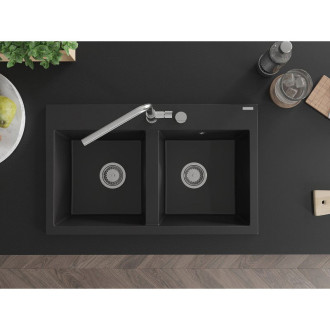 Mexen Hektor 2miskový granitový dřez 800 x 480 mm, černý, chromový sifon - 6521802000-77