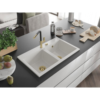 Mexen Hektor 2miskový granitový dřez 800 x 480 mm, bílý, zlatý sifon - 6521802000-20-G