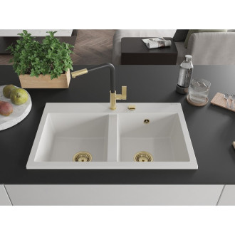Mexen Hektor 2miskový granitový dřez 800 x 480 mm, bílý, zlatý sifon - 6521802000-20-G