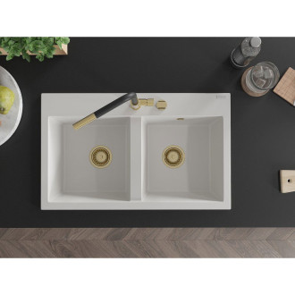 Mexen Hektor 2miskový granitový dřez 800 x 480 mm, bílý, zlatý sifon - 6521802000-20-G